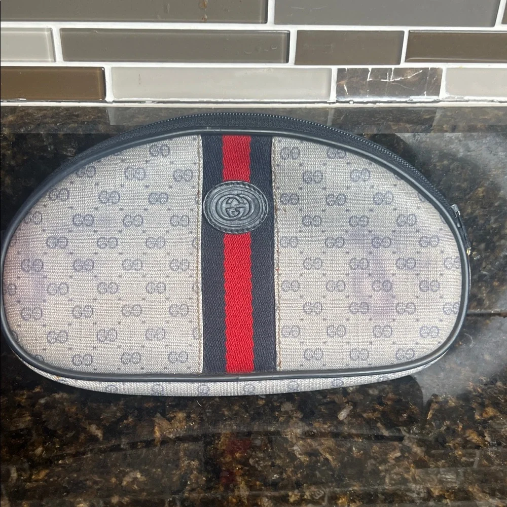 Gucci Vintage 70's Gucci Monogram GG Blue Coated Canvas Cosmetic Pouch